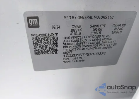 2025 Chevrolet Malibu Fwd 1Lt из США, поврежденный, VIN 1G1ZD5ST4SF130274